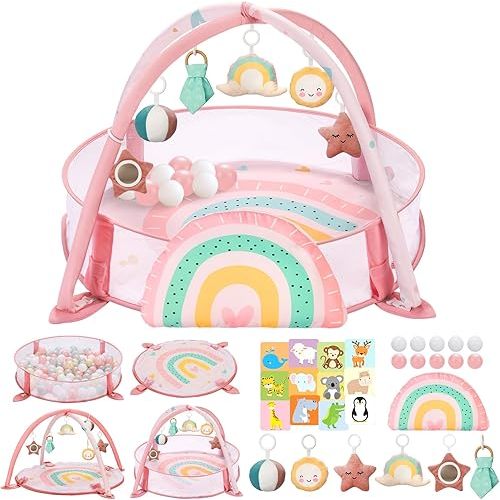 7-in-1 XL Large Baby Play Gym Mat, Tummy Time Mat, Baby Gym & Ball Pit, Baby Activity Mat with Milestone Cards & 6 Detachable Toys for Sensory Motor Skill, Rainbow