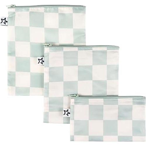 Tiny Twinkle 3 Pack Reusable Snack Bags - Machine Washable, PFAS, PVC, BPA, Phthalate-Free Reusable Baby and Toddler Food Safe Snack Bags (Sage Checkers)