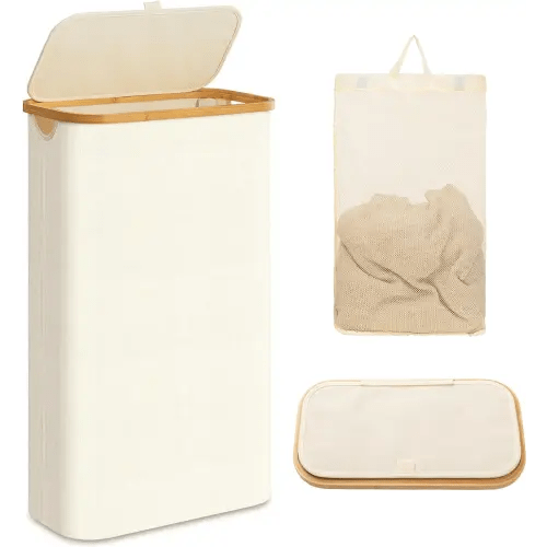 UBBCARE Laundry Hamper with Lid, 60L Slim Laundry Hamper with Removable Bag, Collapsible Dirty Clothes Basket for Bedroom, Bathroom, Laundry Room, Dorm, Beige
