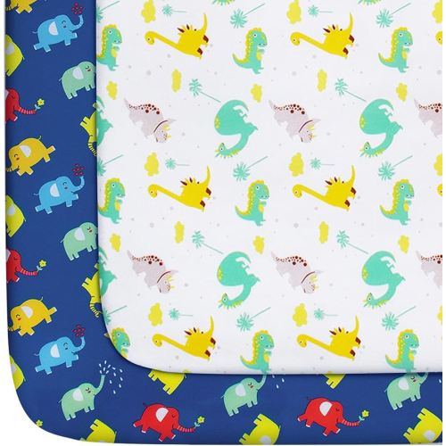 Pack and Play Sheets Boys, 2 Pack Mini Crib Sheets, Stretchy Playard Fitted Sheet, Compatible with Graco Pack n Play, Soft and Breathable Material, Dinosaur & Elephant
