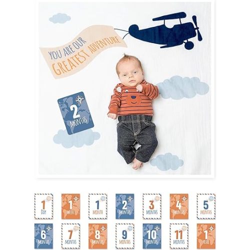 lulujo Baby’s First Year Milestone Blanket and Card Set | 40in x 40in (Greatest Adventure)