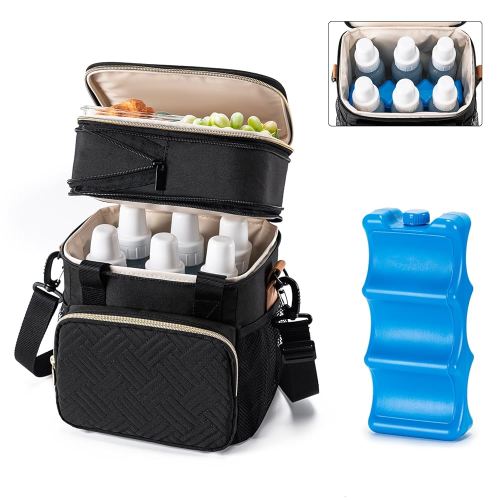 Breastmilk Cooler Bag with Ice Pack Fits 6 Baby Bottles Up to 9 Ounce, Expandable Double-Layer Leak-Proof Cooler Bag with Shoulder Strap for Nursing & Working Mom, Black