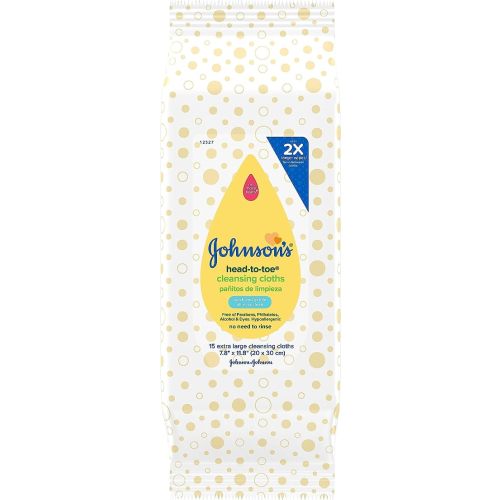 Johnson's Baby Head-to-Toe Gentle Baby Cleansing Cloths, Hypoallergenic and Pre-Moistened Baby Bath Wipes, Free of Parabens, Phthalates, Alcohol, Dyes and Soap, 15 ct (Pack of 4)