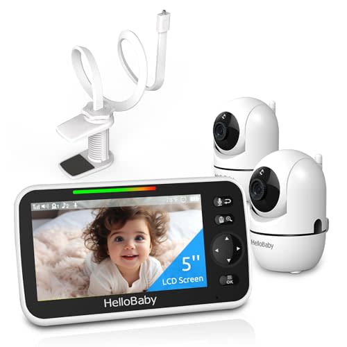 HelloBaby Clip Clamp Mount Baby Monitor with 2 Cameras, 5'' Screen, and 26-Hour Battery - No-WiFi Baby Monitor with Flexible Gooseneck Arm