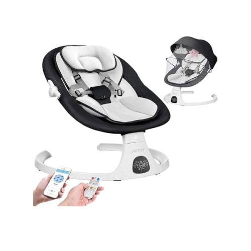 Electric Baby Swings for Infants to Toddler Baby Swing with 5-Speed 3-Seat Positions 5-Point Carabiner,with Bluetooth Music 10-Preset Melodies (Black White)
