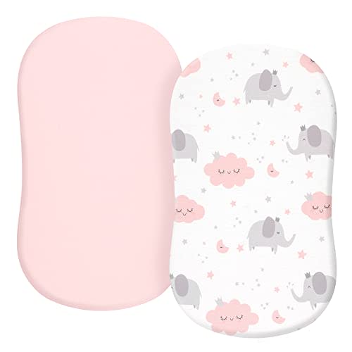 TILLYOU Baby Bassinet Sheets for Girls Boys, Fit for Hourglass Oval Rectangle Bassinet Mattress Sheets, 33”X16”, 2 Pack Elephant & Cloud Pink