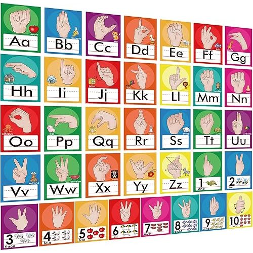 36 Pieces ASL Alphabet Line Bulletin Board Set ABC Number Sign Language Flash Cards Wall Decorations for Pre-School Kindergarten Elementary Classroom Nursery Homeschool (Bright Colors)