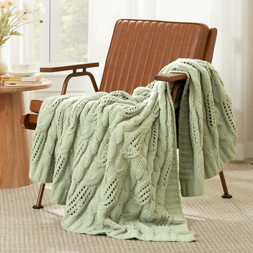 Amélie Home Chunky Knit Chenille Throw Blanket, Breathable Cable Knitted Blanket for Couch, Farmhouse Decorative Throw for Sofa Chair Bed,Sage Green,50 x 60 inch