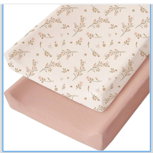 Konssy Muslin Changing Pad Cover for Baby Girls Boys, 100% Cotton Fitted Diaper Chang Table Covers, Soft Breathable Changing Pad Sheets, 2 Pack (Floral,Pink)