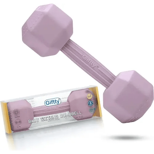 Giftty Baby Dumbbell - Silicone Infant Rattle Teething Toy Teether Toddler Sensory Toy Durable Safe Exercises Workout Weight - Great Gift for Girls and Boys (1pcs 4.8oz - Pink)