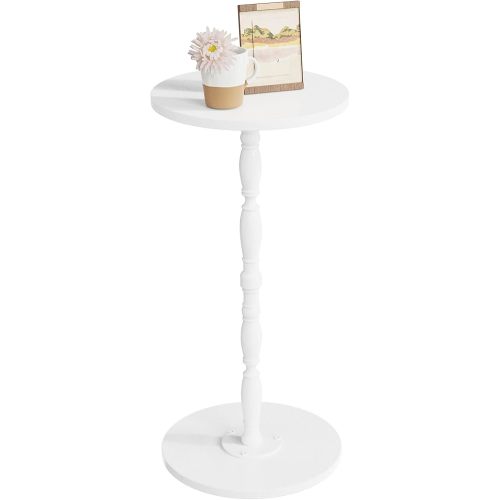 Wood Drink Table, Round Side Table for Small Spaces, Pedestal End Table Modern Accent Nightstand for Living Room, Bedroom, Office, Sofa Corners, White