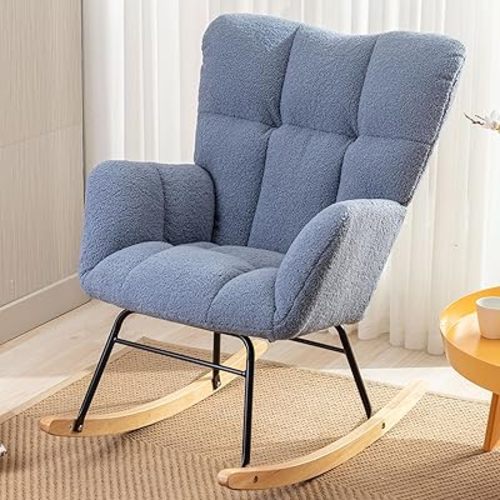 Modern Nursery Rocking Chair, Upholstered Glider Chair with High Backrest, Rocker Accent Armchair with Solid Wood Legs for Nursery Bedroom Living Room (Light Blue Teddy)