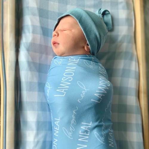 Personalized Powder Blue Baby Name Swaddle Blanket - Block & Script