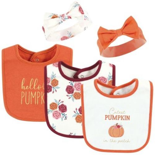 Hudson Baby Infant Girl Cotton Bib And Headband Or Caps Set, Pink Cutest Pumpkin, One Size