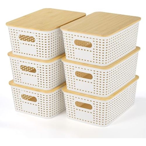 Ohmlove Plastic Storage Baskets With Bamboo Lid - Plastic Storage Containers Stackable Storage bins: Storage Baskets for Organizing Shelves Drawers Desktop Closet Playroom Classroom Office, 6 Pack