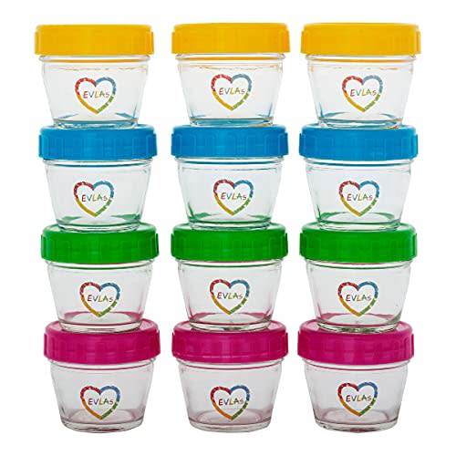 EVLAs Baby Food Containers 12-Pack - 4 oz Glass Jars with Lids - BPA-Free, Microwave, Freezer, and Dishwasher Safe Glass Baby Food Jars or Toddler Snack Containers for Kids Purees or Breastmilk