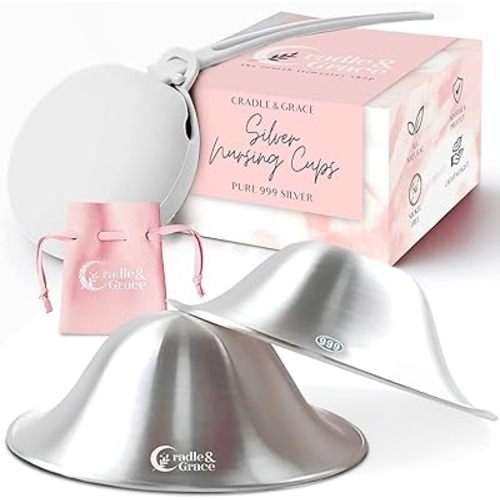 Cradle & Grace Pure 999 Silver Nursing Cups with White Carrying Case, Silver Nipple Shields for Breastfeeding Newborn, Silver Nipple Covers Breastfeeding Kit, Regular