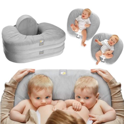 TwinGo Nurse & Lounge Pillow (Grey) - Breastfeeding Pillow for Twins or Two Lounge Pillows || 8 uses || XS to Plus Size Woman || Preemie 0-12+ mo Babies
