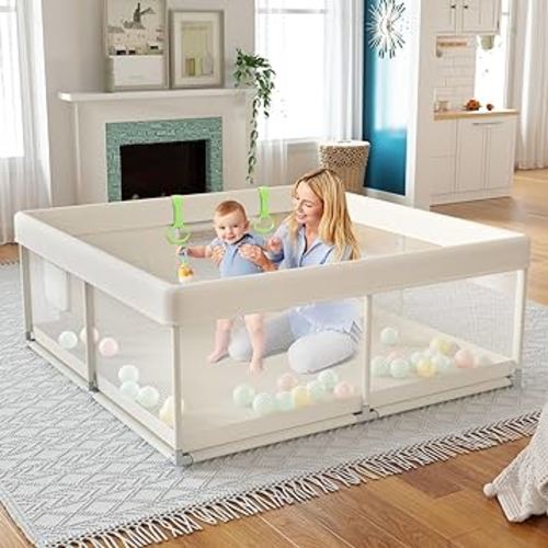 Fodoss Baby Playpen, Upgrade Playpen for Babies and Toddlers, 47x47x26inch Beige Play Pen for Babies with Hand Pulling Ring, Play Pen Center for Kids,Baby Fence,Baby Playards