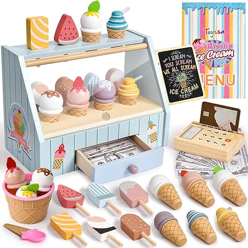 Toyssa Wooden Ice Cream Toys for Toddlers 3-5, Toy Food Pretend Play Store with Drawer & Toy Card Reader, Kids Play Kitchen Accessories Christmas Birthday Gifts for Girls Boys 3 4 5 6 Year Old