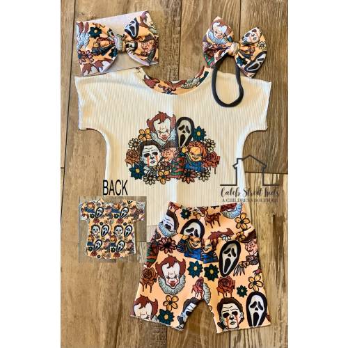 Horror Characters Complete Baby or Toddler Set / Baby Bummies / Biker Shorts / Cap Sleeve Baby Outfit / Scary Movie Baby