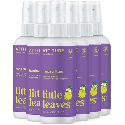 ATTITUDE Hand Sanitizer Spray for Kids & Adults, EWG Verified, Travel Size, Dermatologically Tested, Plant and Mineral Based, Vegan, Vanilla & Pear, 3.5 Fl Oz (Pack of 6) (Spray Bottle)