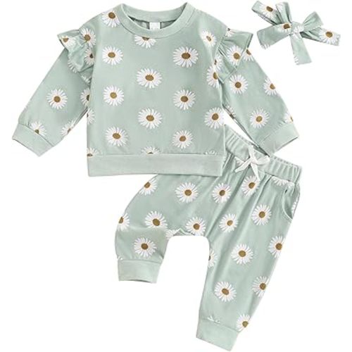 Toddler Baby Girl Clothes Daisy Ruffle Sweatshirt Pullover Top Pants Headband Fall Outfits 6 12 18 24 Months