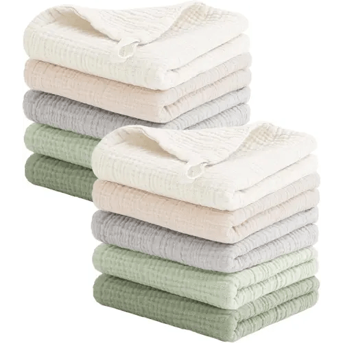 Konssy 10-Pack Muslin Baby Washcloths,100% Cotton Baby Wash Cloths for Newborn Kids Girls & Boys, Soft & Absorbent Washcloths