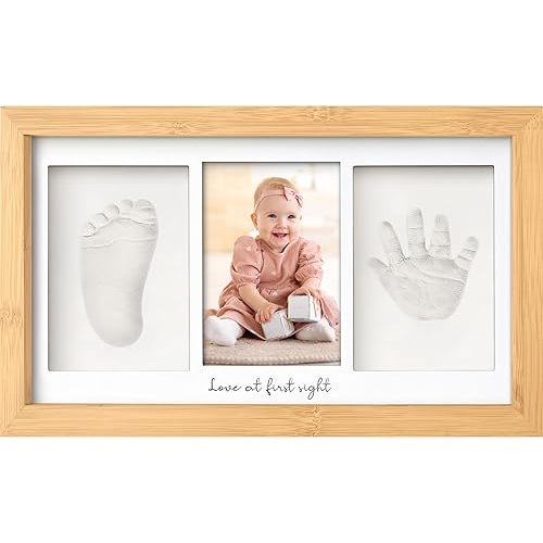 Baby Hand and Footprint Kit - Clay Handprint Keepsake Frame, Newborn Nursery Picture Frame, Personalized New Mom Gifts for Baby Shower & Registry (Bamboo)