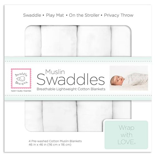 SwaddleDesigns Cotton Muslin Swaddle Blankets, Set of 4, Receiving Blankets for Baby Boys & Girls, Best Shower Gift, 46x46 inches, Pure White