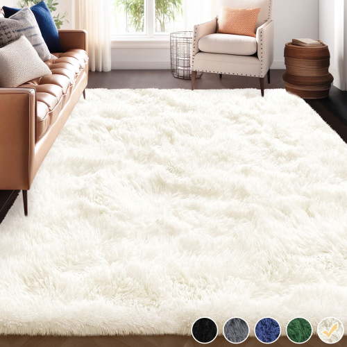 Nefoso Shag Area Rug, 7ft x 10ft Soft Fluffy Area Rugs for Living Room Bedroom Decor Carpet, Rice-white