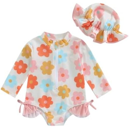 Toddler Girl Swimsuit Floral Print Suit Zipper Long Sleeve Bathing Suit with Swim Cap