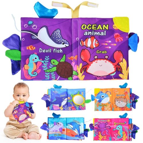 Crinkle Books for Babies,Touch and Feel Cloth Soft Books for Babies,Sensory for Baby Books 0-6 Months with Bi Bi Whistle,Mirror & Teething Toys,for Boy and Girl Gifts for Newborn Babies