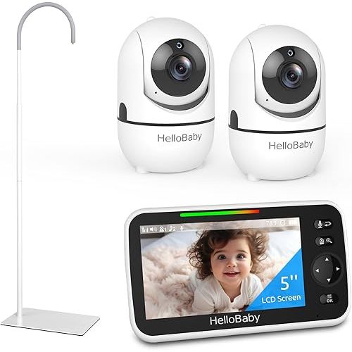HelloBaby Baby Monitor 2 Cameras with Floor Stand, 5'' Screen and 30-Hour Battery Life, Baby Monitor with Camera and Audio, Flexible Hello Baby Stand