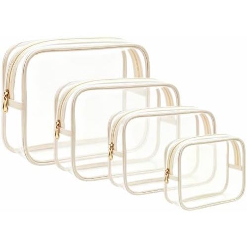 4Pcs Travel Clear Makeup Bag Set, Portable TSA Approved Toiletry Bags with Zipper Waterproof PVC Cosmetic Case for Daily Accessory Small Makeup Pouch Compact Car Storage Organizer Bags (Beige Set)