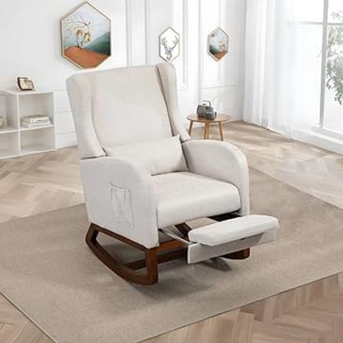 Modern Rocking Chair Nursery Glider, Comfy Rocker Nursery Chair with Foot Rest, Accent Reading Chair with Pillow and Pocket, Upholstered Lounge Chair with Solid Wood Base for Relaxing, Resting (Beige)