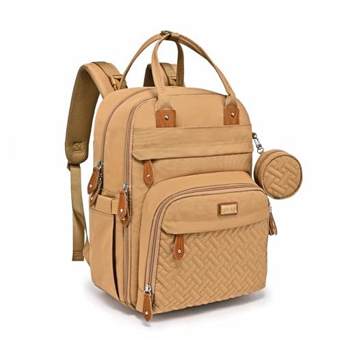 BabbleRoo Diaper Bag Backpack - Baby Essentials Travel Tote - Multi function Waterproof Diaper Bag, Travel Essentials Baby Bag with Changing Pad, Stroller Straps & Pacifier Case - Unisex, Beige