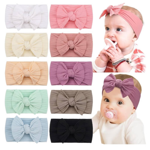 CÉLLOT 10 Colors Super Stretchy Soft Knot Baby Girl Headbands with Hair Bows Nylon Head Wrap For Newborn Baby Girls Infants Toddlers Kids
