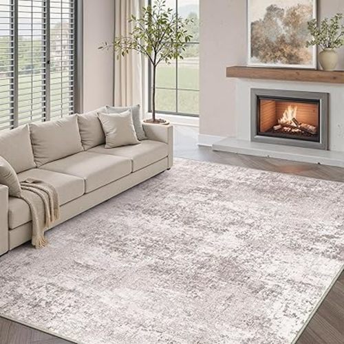 Washable Beige Area Rug 6x9 Modern Abstract Living Room Large Carpet Bedroom Neutral Soft Throw Rug Low Pile Non Slip Indoor Contemporary Floor Cover for Dining Room Office