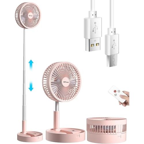 AICase Stand Fan,Folding Portable Telescopic Floor/USB Desk Fan with 10800mAh Rechargeable Battery,4 Speeds Super Quiet Adjustable Height and Head Great for Office Home Outdoor Camping-pink