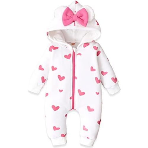 AMAWMW Newborn Baby Girl Winter Outfit Hooded Jumpsuit Infant One Piece Romper Baby Warm Snowsuit Clothes Gifts Set