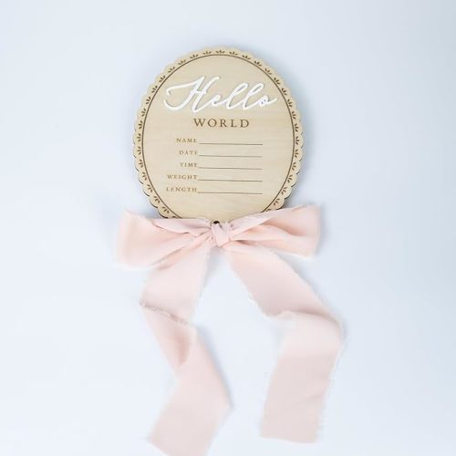 Baby Announcement Sign 6.5 Inch Wooden Hello World Newborn Welcome Sign Birth Baby Name Plaques for Photo Props Baby Shower Hospital Nursery (BOW CUT)