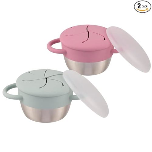 Elk and Friends Stainless Steel Snack Cups | Removable Silicone Food Catcher and Travel Lid | Spill-Proof Snack Containers for Baby, Toddler, Kids | Dishwasher Safe | 2 Pack
