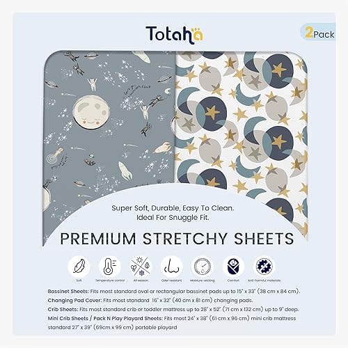TotAha Space Crib Fitted Sheet, Super Stretchy Jersey Star Crib Sheets, Buttery Soft Boy Crib Mattress Sheets, Ultra Breathable Baby Bed Sheets 28x52x9 Extra Deep Pocket, 2 Pack