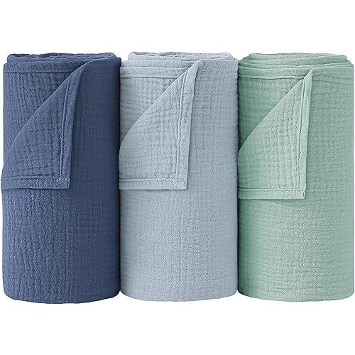 Bearmoss Muslin Swaddle Blankets 100% Cotton Large Baby Swaddle Blankets 47x47in, Super Soft Breathable Receiving Blankets for Unisex Baby Boys Girls (3Pack Indigo Tree)