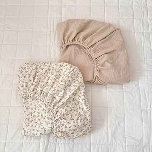 BuLuTu 2 Pack Muslin Fitted Portable/Mini Crib Mattresses Sheets 38"x26", Soft Cotton Pack and Play Mattress Sheets Fitted for Pack N Play, Machine Washable, Beige & Camellia
