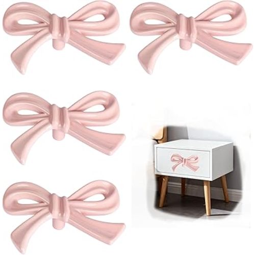 4 Pcs Vintage Bow-Shaped Dresser Knobs Solid zinc Alloy Pink Decorative Drawer Pull Handles for Girls Bedroom Nursery Room Desk Wardrobe TV Cabinet & Bookcase (Pink-4)