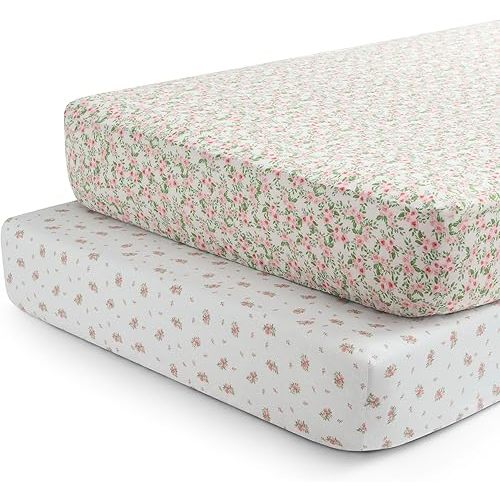 Delta Children Fitted Crib Sheets for Girls and Boys - Crib Sheet for Standard Crib and Toddler Mattresses - 28x52 Inch (Pack of 2), Pink Floral