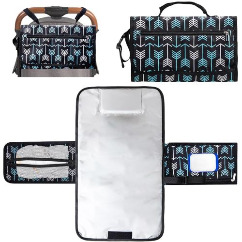 Baby Portable Diaper Changing Pads,can be hung on baby strollers,car seats,store toys and wet tissues,and the product is lightweight with cute patterns(Blue arrow)