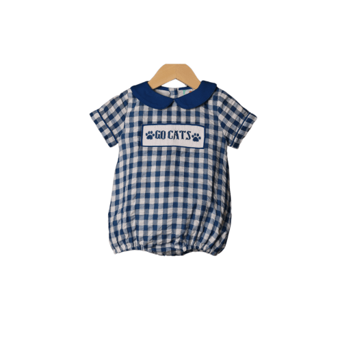 Smocked Go Cats Blue Gingham Bubble